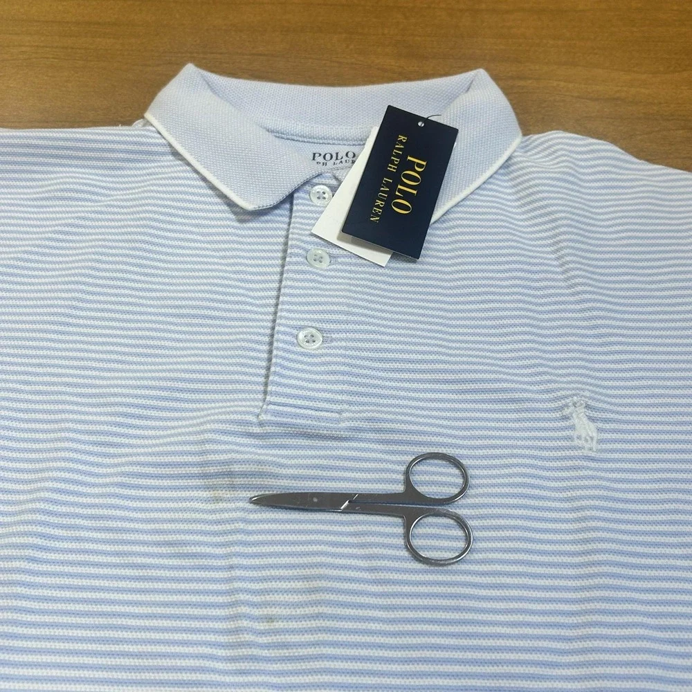 Polo Ralph Lauren Polo Shirt Mens Large Blue White Striped Classic Fit *MARK*